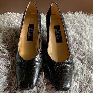 Stuart Weitzman Square Toe Croc Embossed Patent Leather Heels